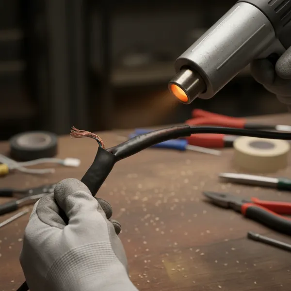 Hands using a heat gun to apply heat-shrink tubing to a minor cord fray