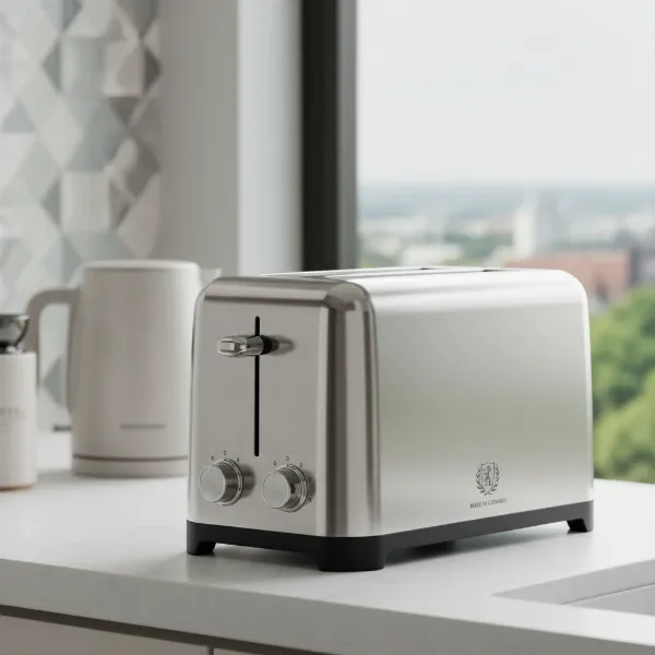 A sleek, durable, stainless steel toaster made in Europe.