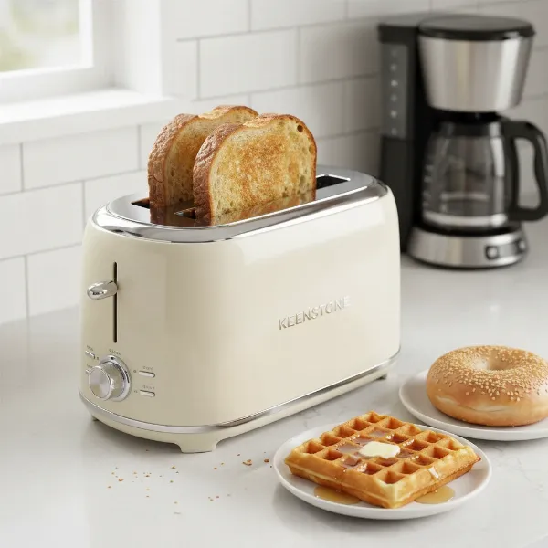 Various types of bread, bagels, and waffles being perfectly toasted in the Keenstone Retro Toaster, showcasing even browning.