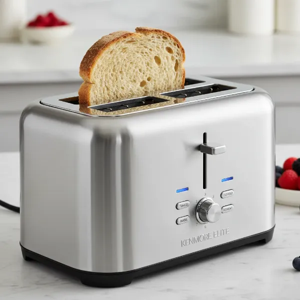 Kenmore Elite 4-slice toaster with auto-lift function, sleek stainless steel design.