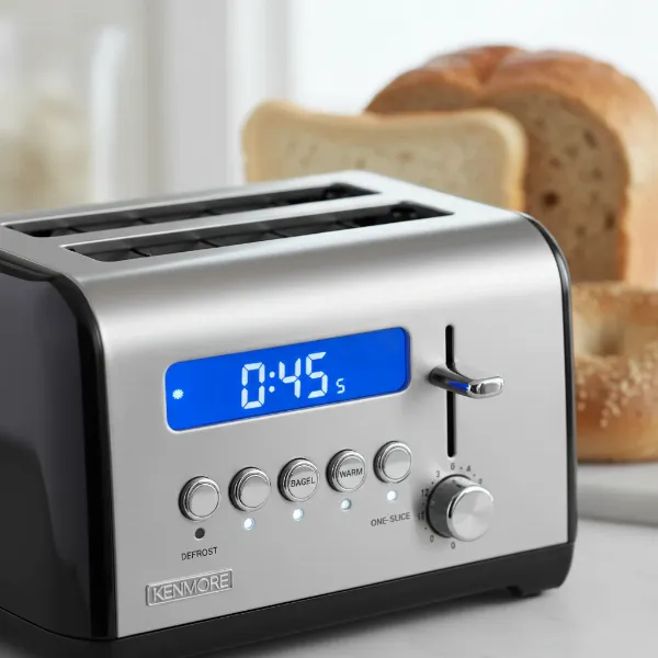 Digital display and controls of Kenmore Elite toaster with various bread types.