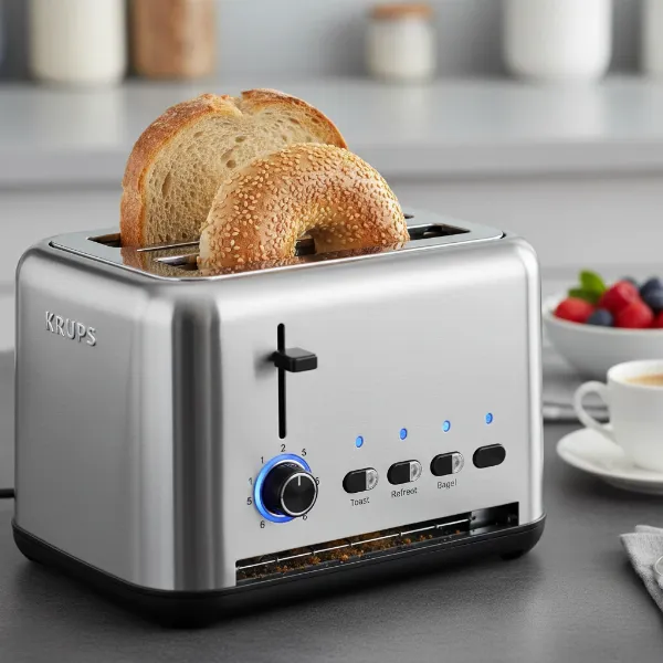 Close-up of Krups toaster showing wide slots and its intuitive control panel with buttons.