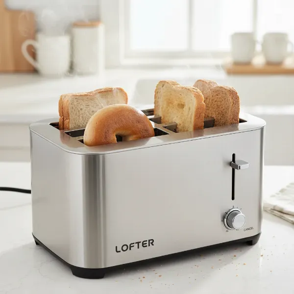 Lofter 4-slice toaster toasting various bread types, showing even browning.