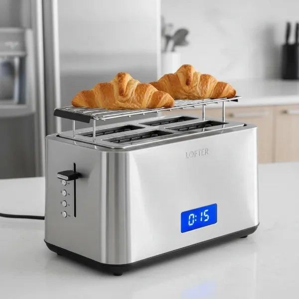 Stainless steel 4-slice toaster with warming rack and blue LED countdown display.