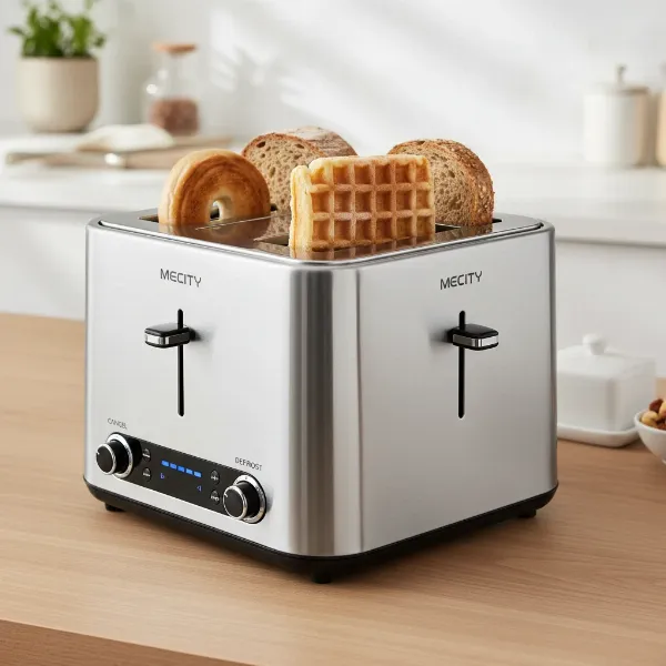 Mecity 4-slice toaster with diverse items in its wide slots: bagel, thick bread, and waffle.