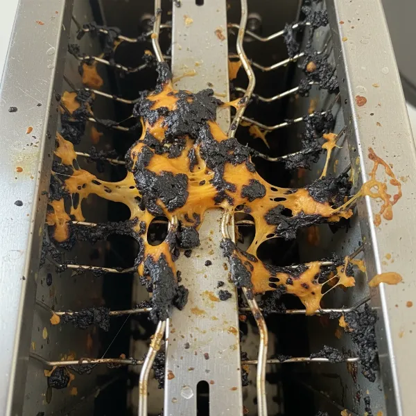 Close-up of toaster heating elements with stubborn, melted cheese or plastic residue, illustrating a challenging cleaning situation.