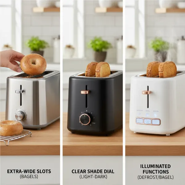 Assortment of 2-slice toasters highlighting wide slots, shade settings, and various functions