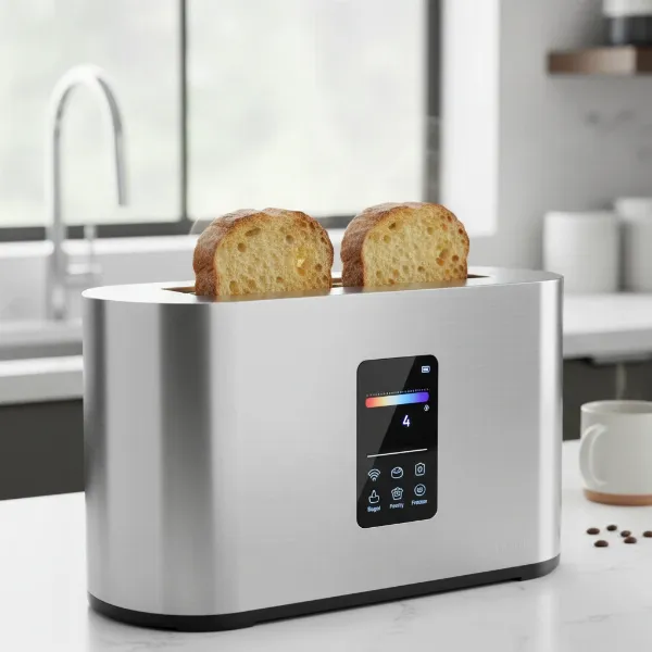 A sleek smart toaster with a digital display perfectly toasting bread in a modern kitchen setting.