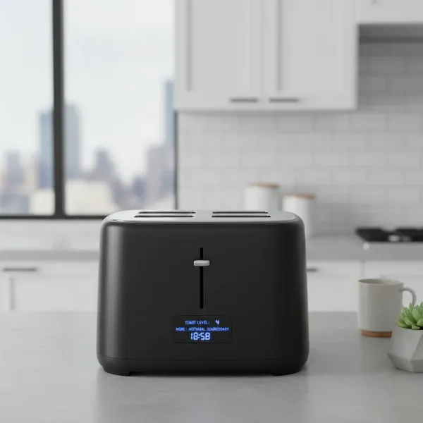 A sleek, black motorized auto-lift toaster with a digital display, showing advanced features and modern kitchen design.