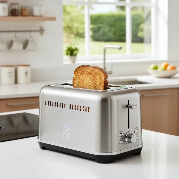 Sleek modern stainless steel toaster in a clean, contemporary kitchen setting.