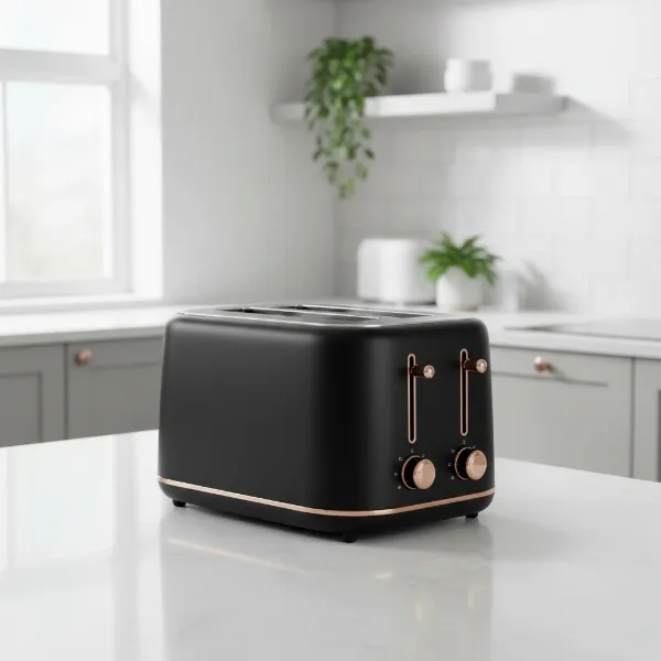 A modern Morphy Richards Evoke 4-slice toaster in a kitchen setting, highlighting its elegant design and matte finish.