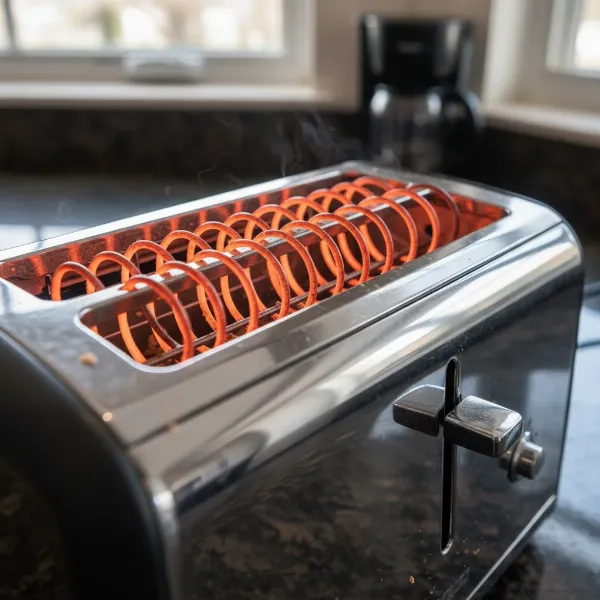 Close-up of glowing nichrome heating coils inside a toaster or appliance.