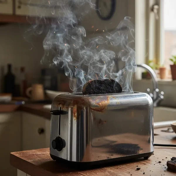 toaster smoking with burnt toast and a hot exterior casing indicating malfunction