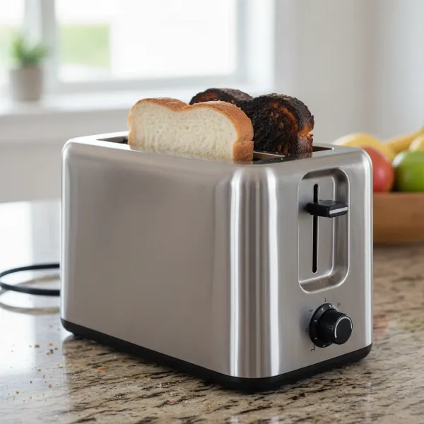 Illustration of bread crammed into a toaster, resulting in unevenly cooked toast with burnt and pale spots.