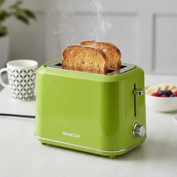 Perfectly golden-brown toast popping out of a Sencor 2-slice toaster on a breakfast table.