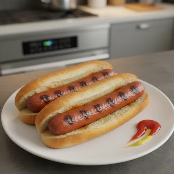 Delicious, perfectly cooked hot dogs with golden-brown toasted buns ready to be served from a toaster.