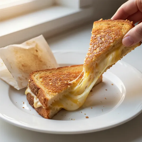 Perfectly golden-brown grilled cheese sandwich, warm and gooey, fresh out of a toaster bag.