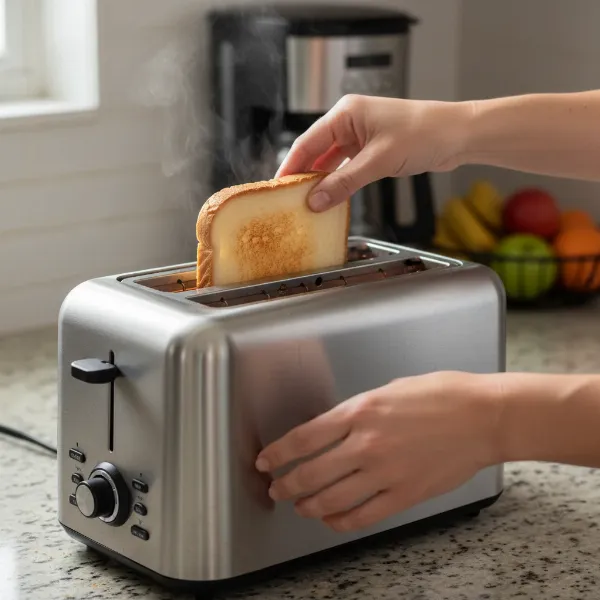 A hand flipping a partially toasted slice of bread in a pop-up toaster for even browning.