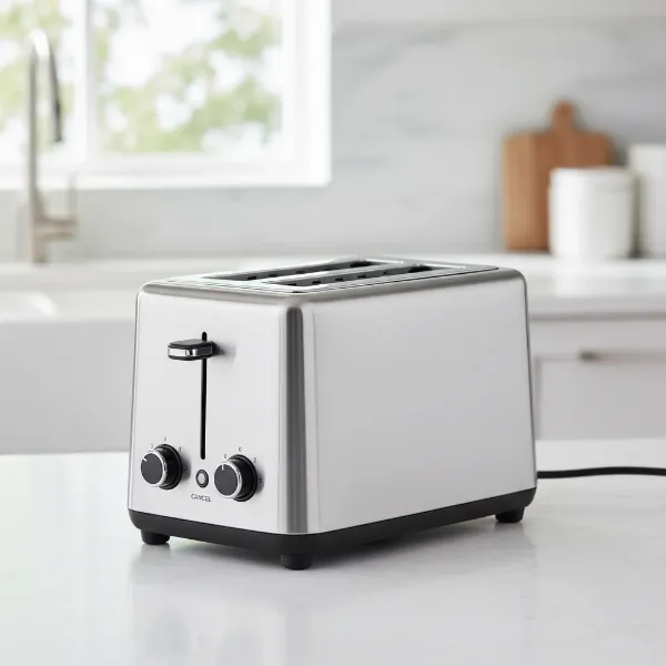 A compact, modern pop-up toaster with two slots on a clean kitchen counter.