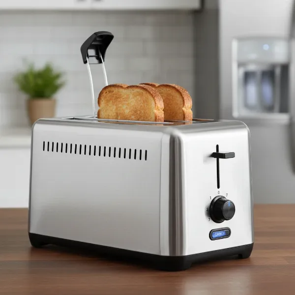 A silver and black 4-slice Proctor Silex durable toaster on a kitchen counter.