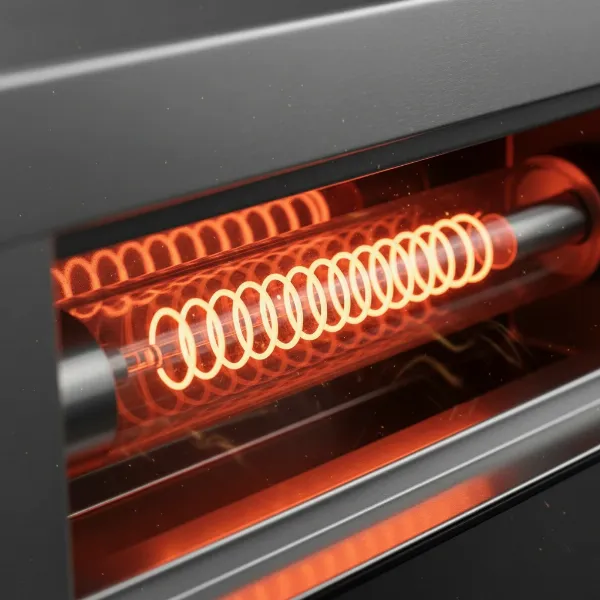 Infrared radiant quartz heating element glowing brightly in a space heater.