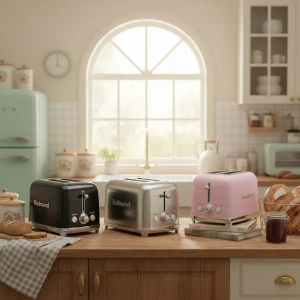 Redmond Retro Stainless Steel Toaster in a vintage kitchen setting with various colors available.