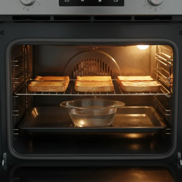 Slices of toast being gently reheated in an oven, either wrapped in foil or with a small bowl of water.
