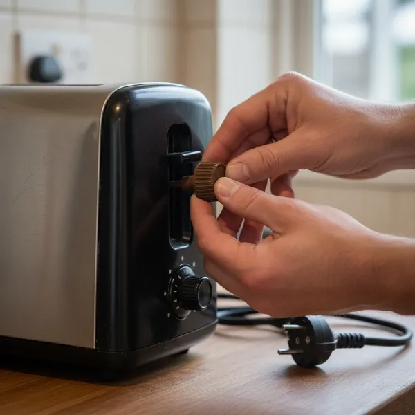Hand gently pulling a browning knob off a toaster for inspection and cleaning.