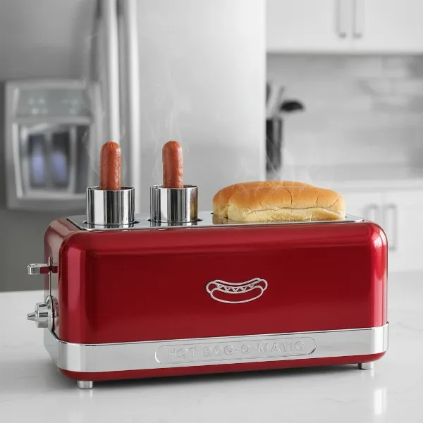 A retro-style hot dog bun toaster simultaneously cooking hot dogs and toasting buns for a quick meal.