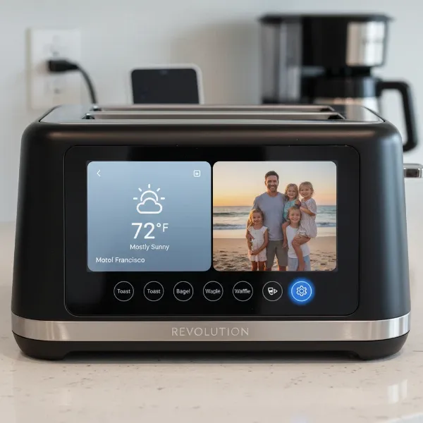 Revolution R180 toaster with touchscreen displaying smart features like weather or photos