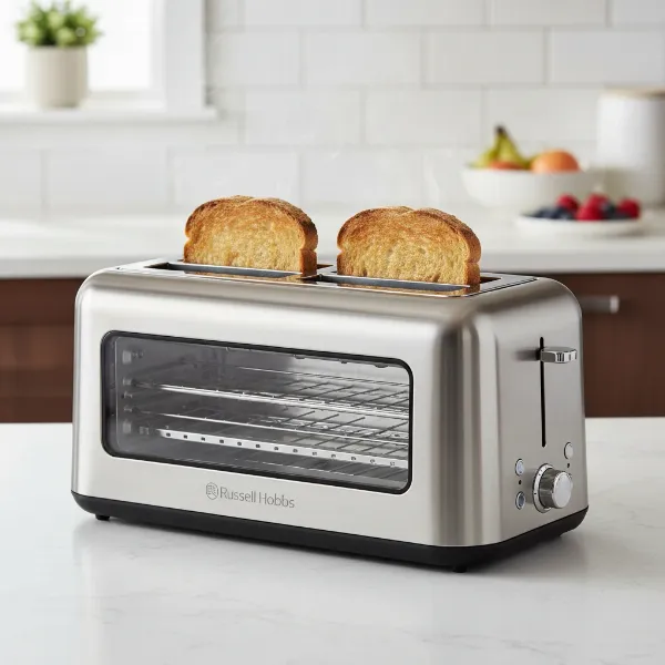 Russell Hobbs Glass Accent 2-Slice Toaster with sleek stainless steel and transparent glass design on a kitchen counter.