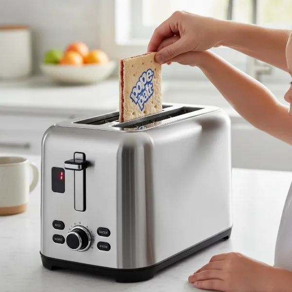 person carefully warming pop-tart in toaster on low setting with no metal utensils