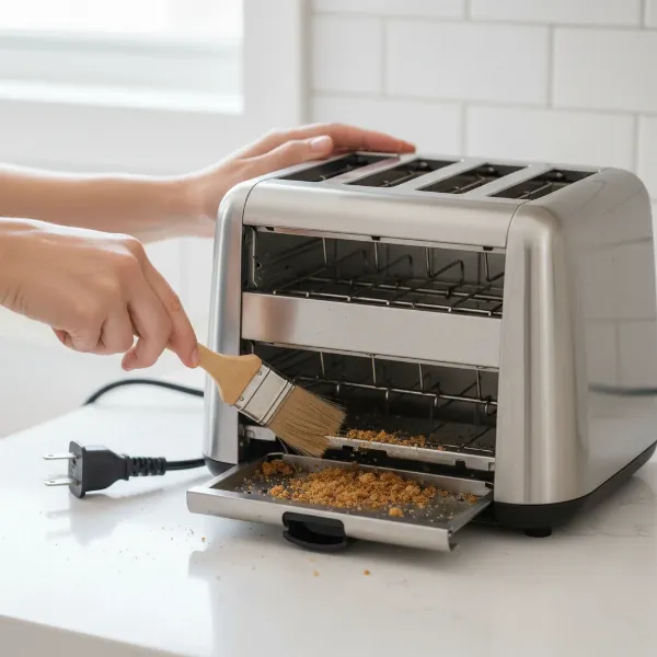 A person safely deep cleaning a toaster without disassembly, emphasizing brush and crumb tray.