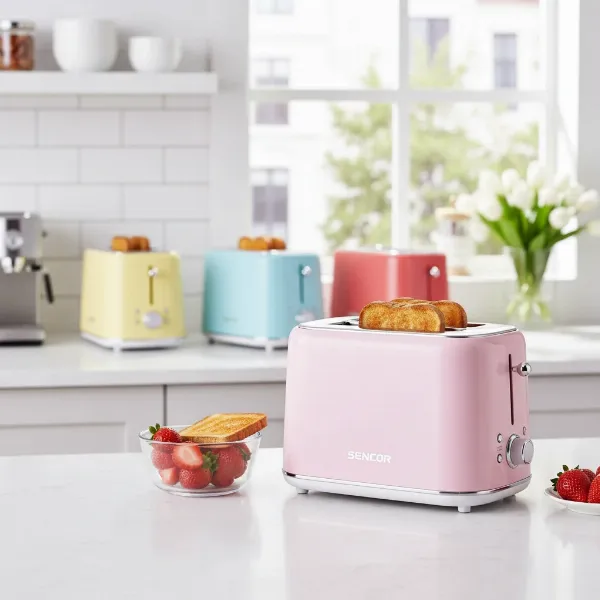 A vibrant Sencor 2-slice toaster in a modern kitchen with various pastel color options.