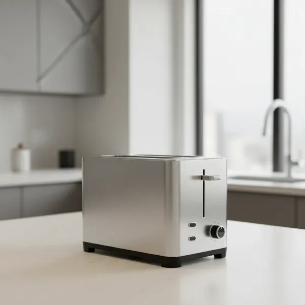 A sleek, compact two-slice pop-up toaster with extra-wide slots and a high-lift lever.