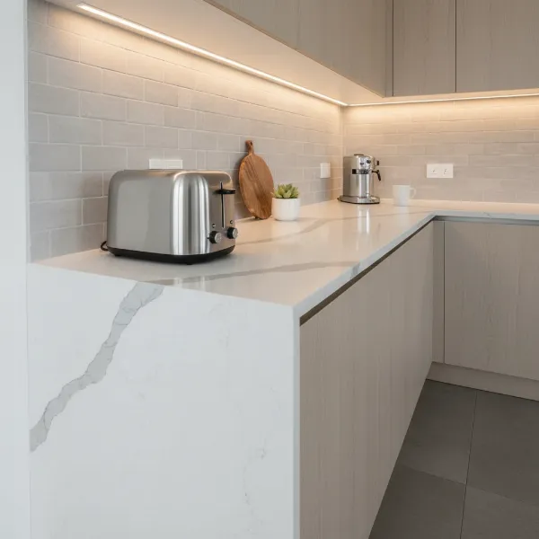 A compact 2-slice toaster on a small, neat kitchen counter, highlighting space-saving design.