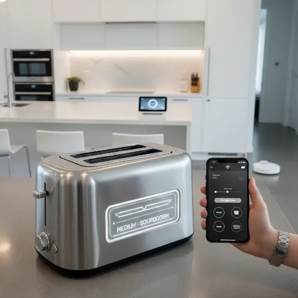 A modern smart toaster connected to a smartphone app, illustrating AI-driven customization.