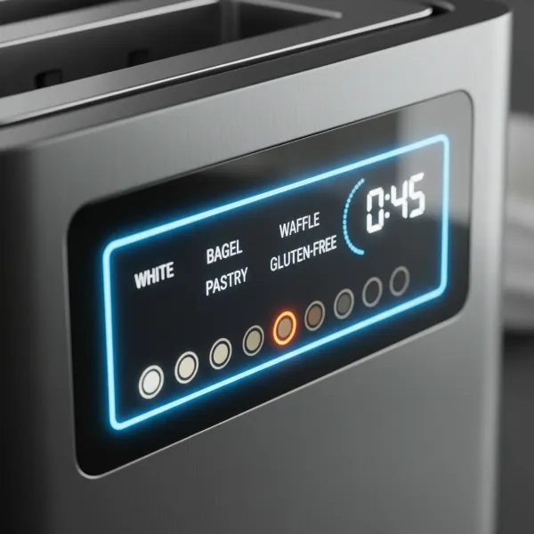 A smart toaster's digital display showing various bread type settings and a countdown timer for precise toasting.