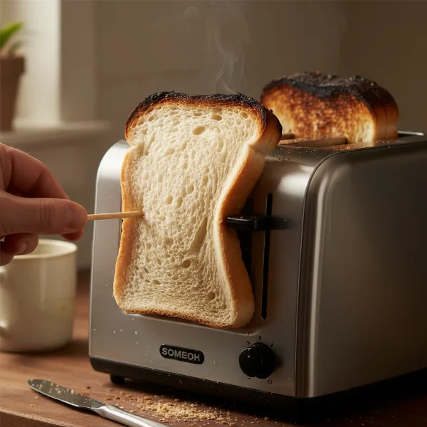 Thick Texas toast squished and unevenly toasted in a narrow slot standard toaster.