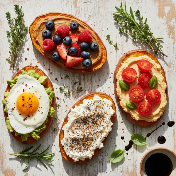 Assortment of sweet potato toasts with diverse toppings like avocado, eggs, berries, and nut butter, artfully arranged.