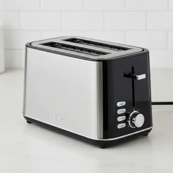 A close-up of the T-fal Avante Deluxe 2-Slice Toaster showing its sleek design and wide slots.