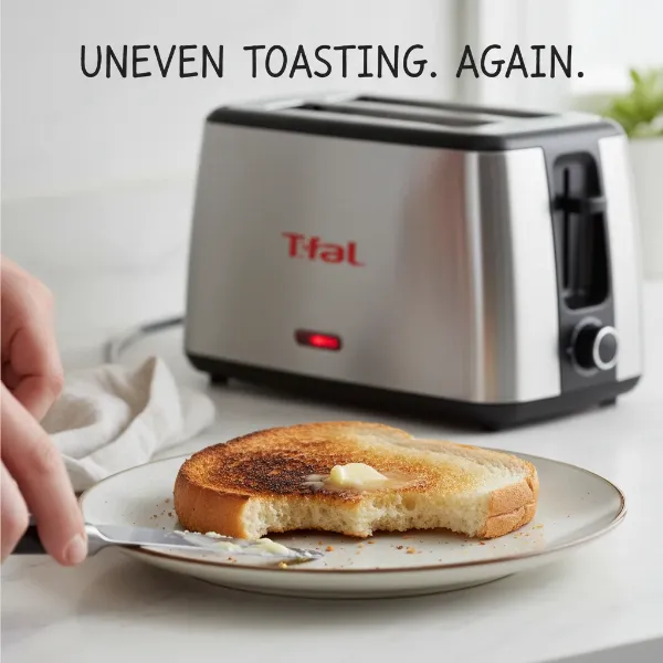 A slice of bread toasted unevenly, one side dark, the other light, next to a T-fal Avante toaster.