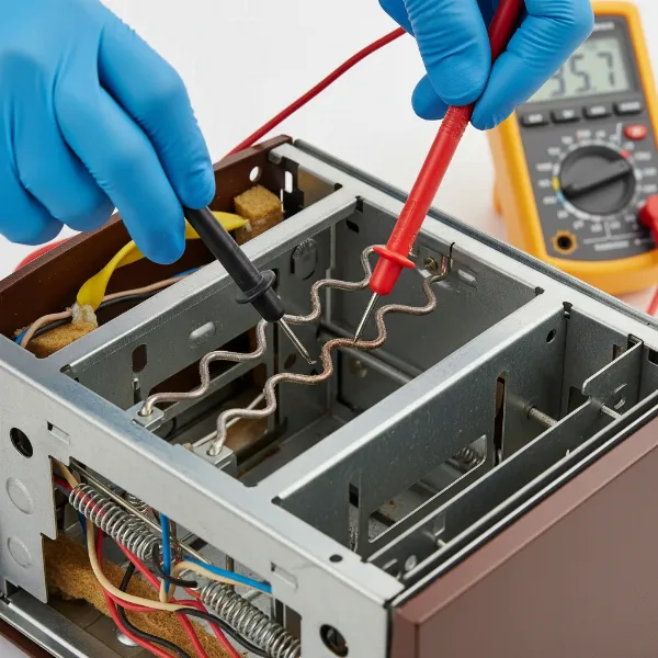 Hands using a multimeter to test a toaster heating element, probes on terminals.