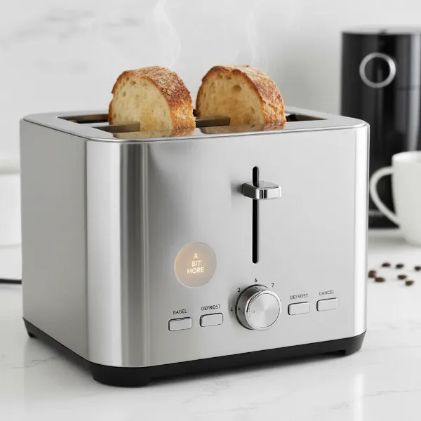 Close-up of a modern toaster featuring the 'A Bit More' button, ready for a slight browning adjustment.