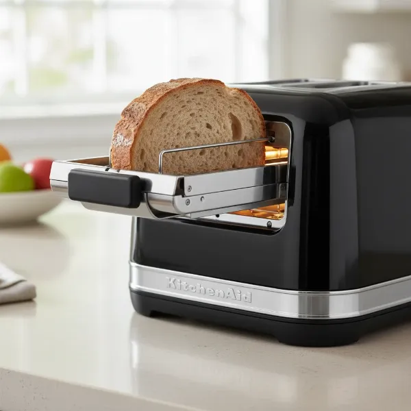 KitchenAid Pro Line Series toaster automatically lowering a slice of bread into its wide slots.