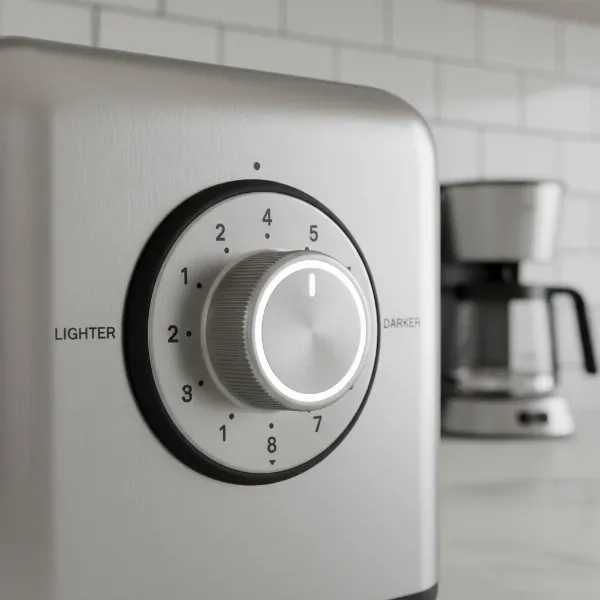 A close-up of a toaster's browning control dial with various settings, from light to dark.