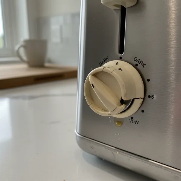 Close-up of a toaster browning knob showing signs of common issues like stiffness, spinning, or physical damage.