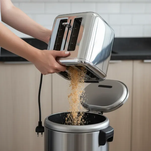Person carefully inverting a toaster without a crumb tray over a trash can to remove crumbs.