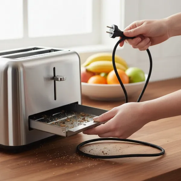 person cleaning crumb tray and checking toaster for debris and wire integrity