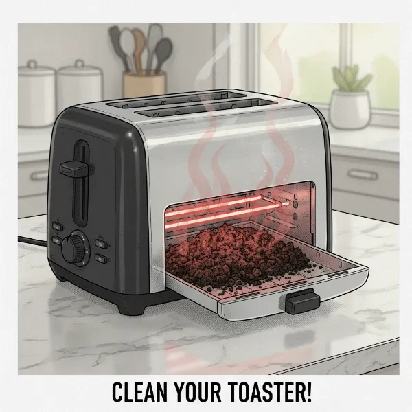 Illustration of a toaster with a dirty crumb tray showing potential fire hazard.